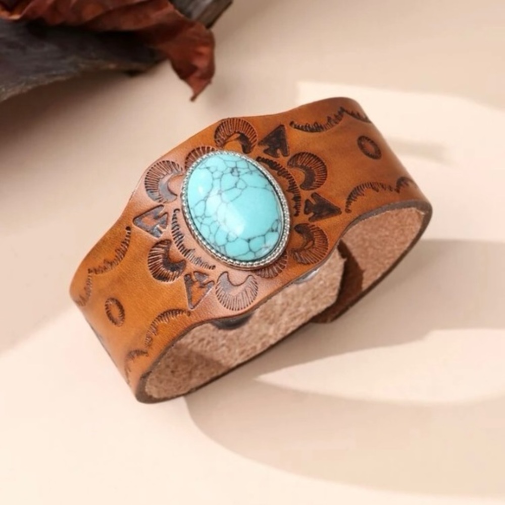 Turquoise and Brown Leather Bracelet